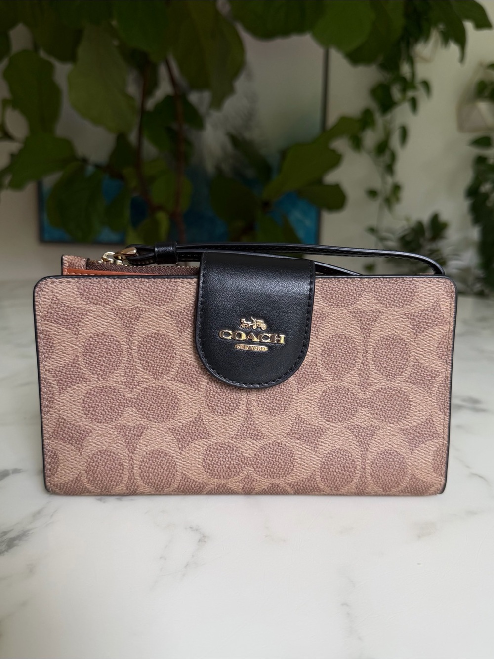 Coach Phone Wallet In Signature Canvas CW780 Gold Tan Black Tech ID Wristlet